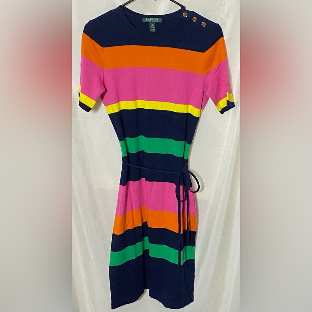 Like New Lauren Ralph Lauren Short Sleeve Colorful Striped Dress w/ Tie